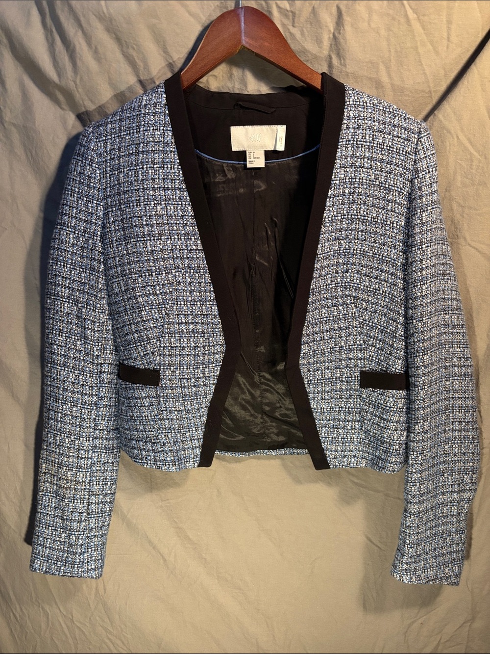 H&M Blue Bouclé Cropped Blazer with Black Trim